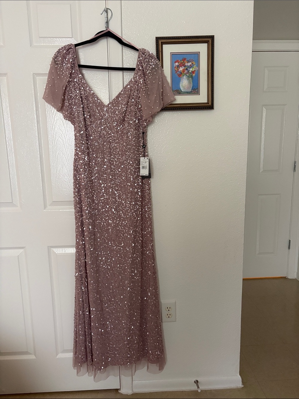 Adrianna Papell Dusty Rose Sequin Flutter Sleeve Gown